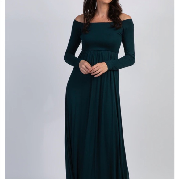 PinkBlush Forest Green Solid Off Shoulder Maternity Maxi Dress (Size Small) - Picture 2 of 7